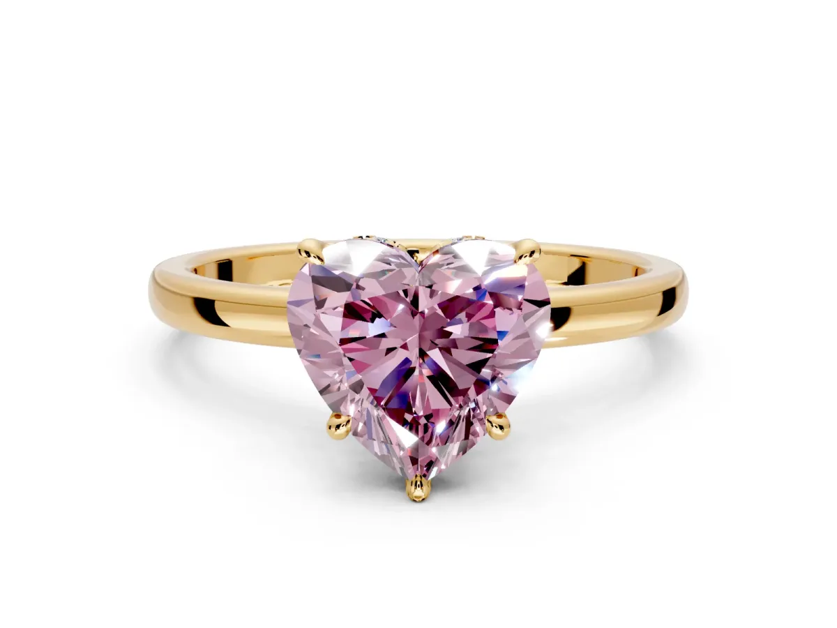 Hidden Halo Engagement Ring Setting for Fancy Pink Heart-Shaped Center with Plain Band and Tall Prong Head in Yellow Gold