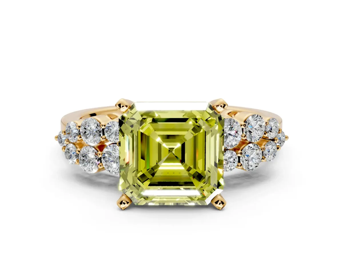 Cluster Engagement Ring Setting for Fancy Yellow Asscher Cut Center with 2-Row Shoulder Clusters and Prong Head in Yellow Gold