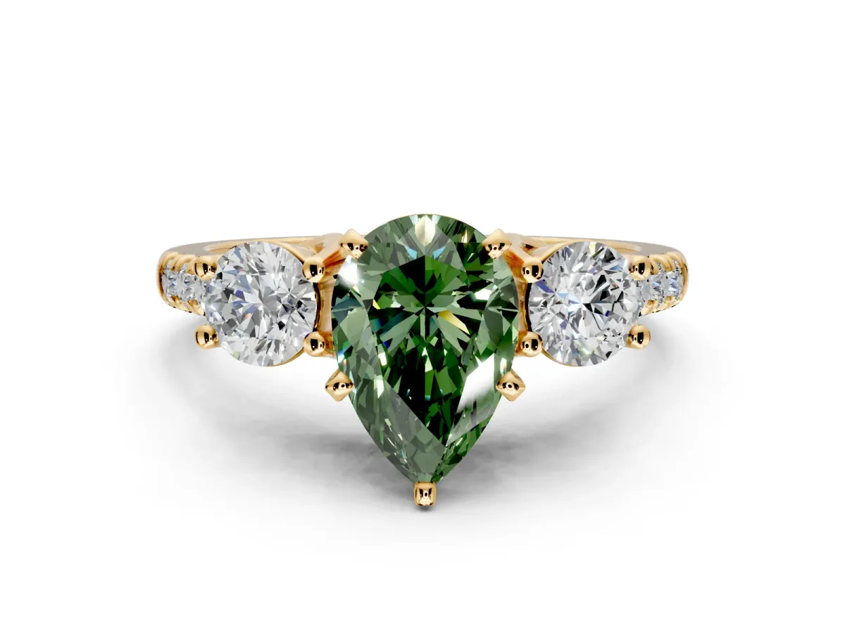 3 Stone Engagement Ring Setting for Fancy Green Pear-Shaped Center with Crossover Basket, Pave Band and Prong Head in Yellow Gold