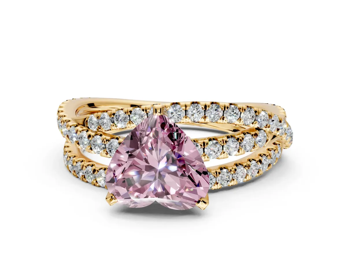 Solitaire Engagement Ring Setting for Fancy Pink Heart-Shaped Center with Woven 3-Strand Pave Band and Prong Head in Yellow Gold