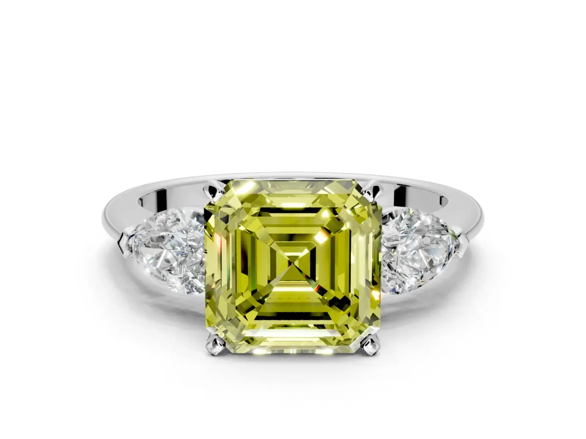 3 Stone Engagement Ring Setting for Fancy Yellow Asscher Cut Center with Large Pear-Shaped Accents and Prong Head in Platinum
