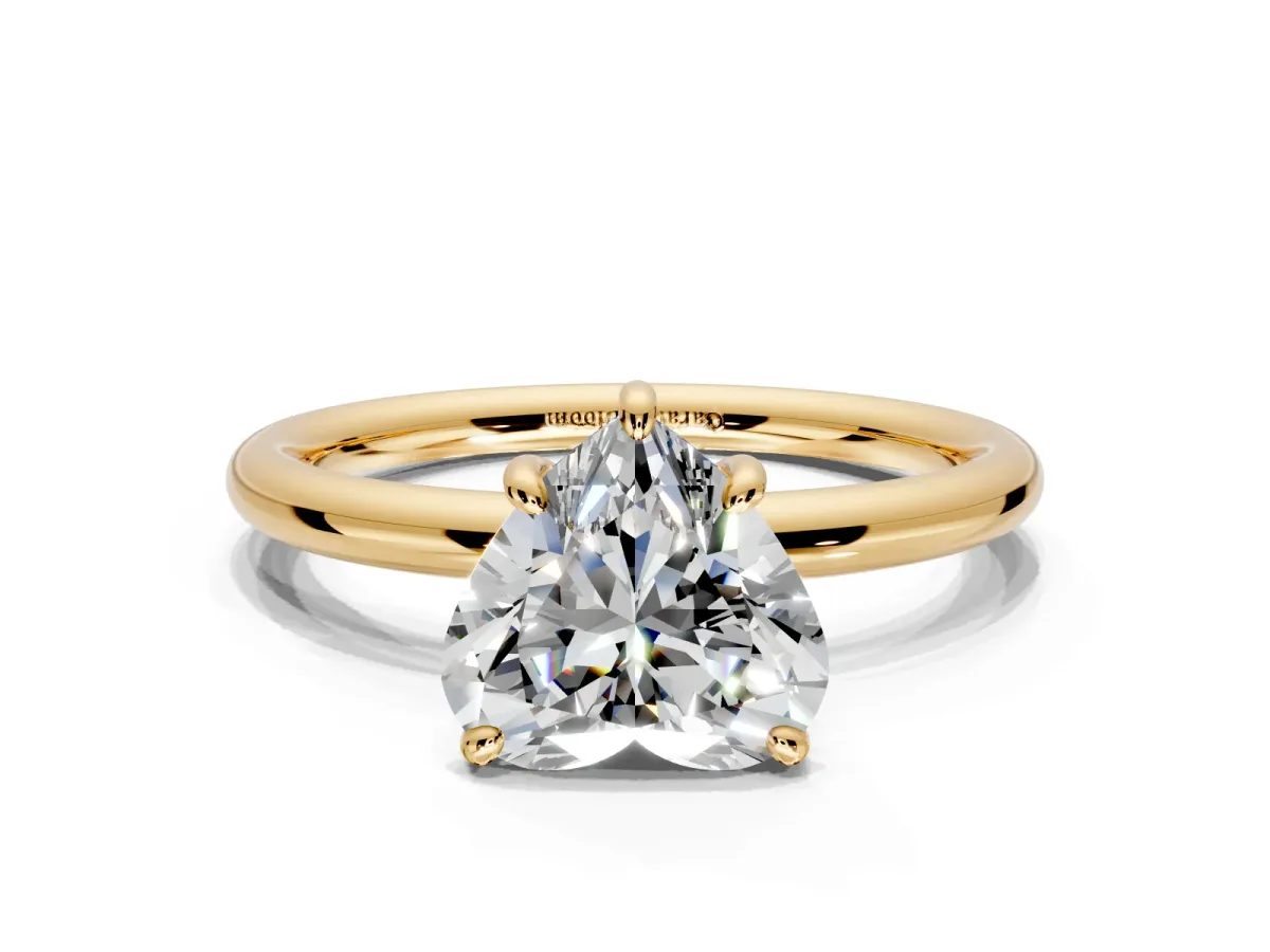 Low-Set Solitaire Engagement Ring Setting for Heart-Shaped Center with Thin Plain Band and Prong Head in Yellow Gold