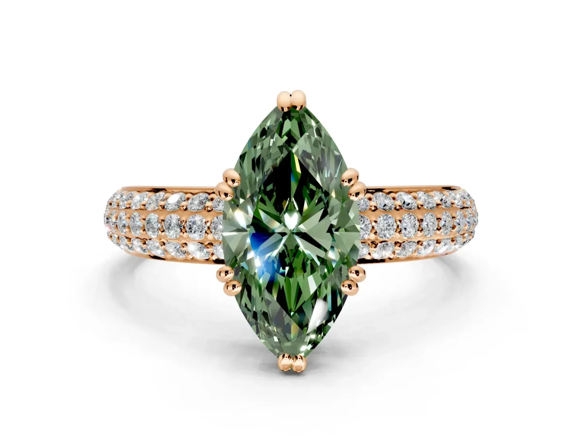 Solitaire Engagement Ring Setting for Fancy Green Marquise Center with Multi-Row Pave Accents and Basket Head in Rose Gold
