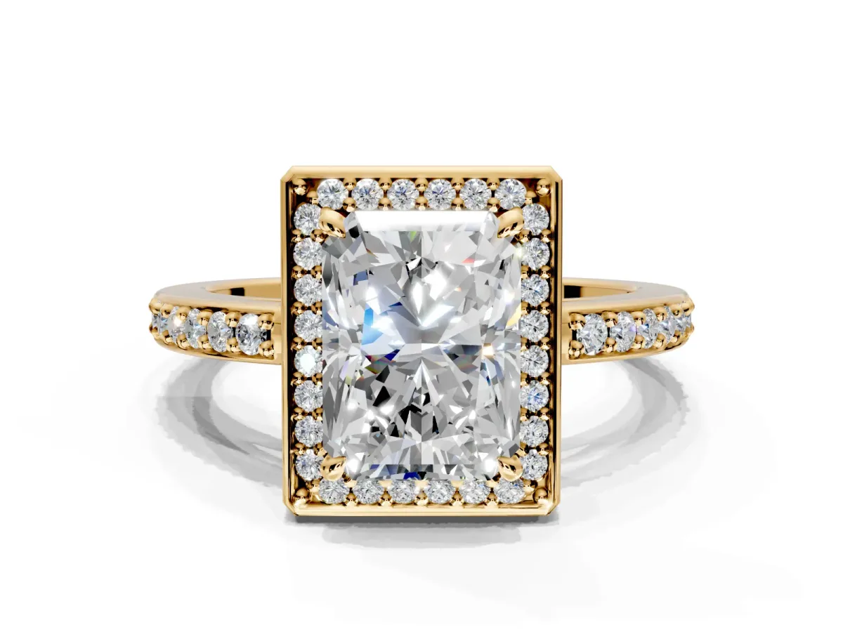 Halo Engagement Ring Setting for Radiant Cut Center with Metal-Rimmed Halo, Pave Band and Prong Head in Yellow Gold