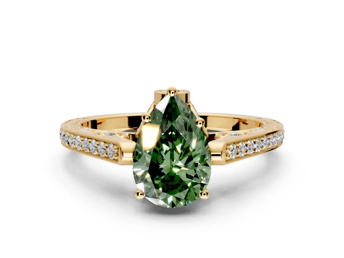 Cathedral Engagement Ring Setting for Fancy Green Pear-Shaped Center with Antique-Style Pave Band and Prong Head in Yellow Gold