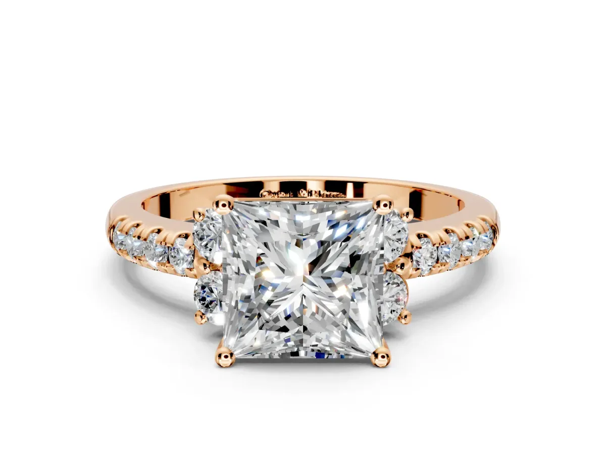 Paired Accent Engagement Ring Setting for Princess Cut Center with Pave Band and Prong Head in Rose Gold
