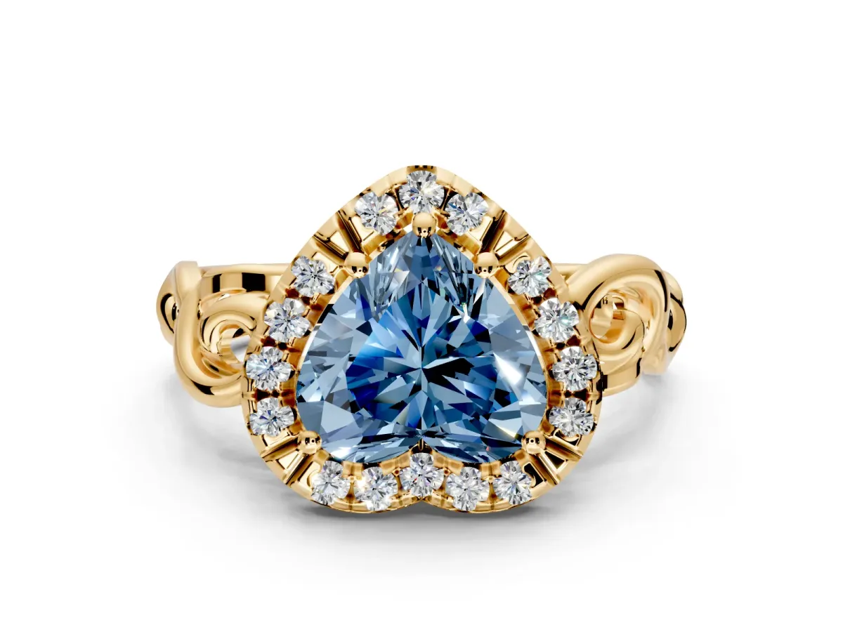Halo Engagement Ring Setting for Fancy Blue Heart-Shaped Center with Open Scroll Shoulders and Prong Head in Yellow Gold