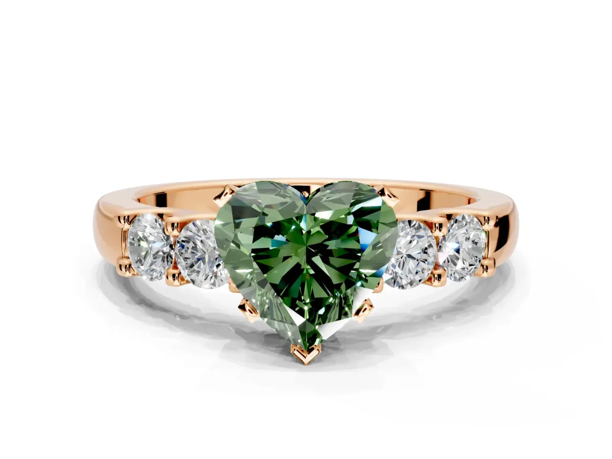 5 Stone Engagement Ring Setting for Fancy Green Heart-Shaped Center with Plain Band and Prong Head in Rose Gold