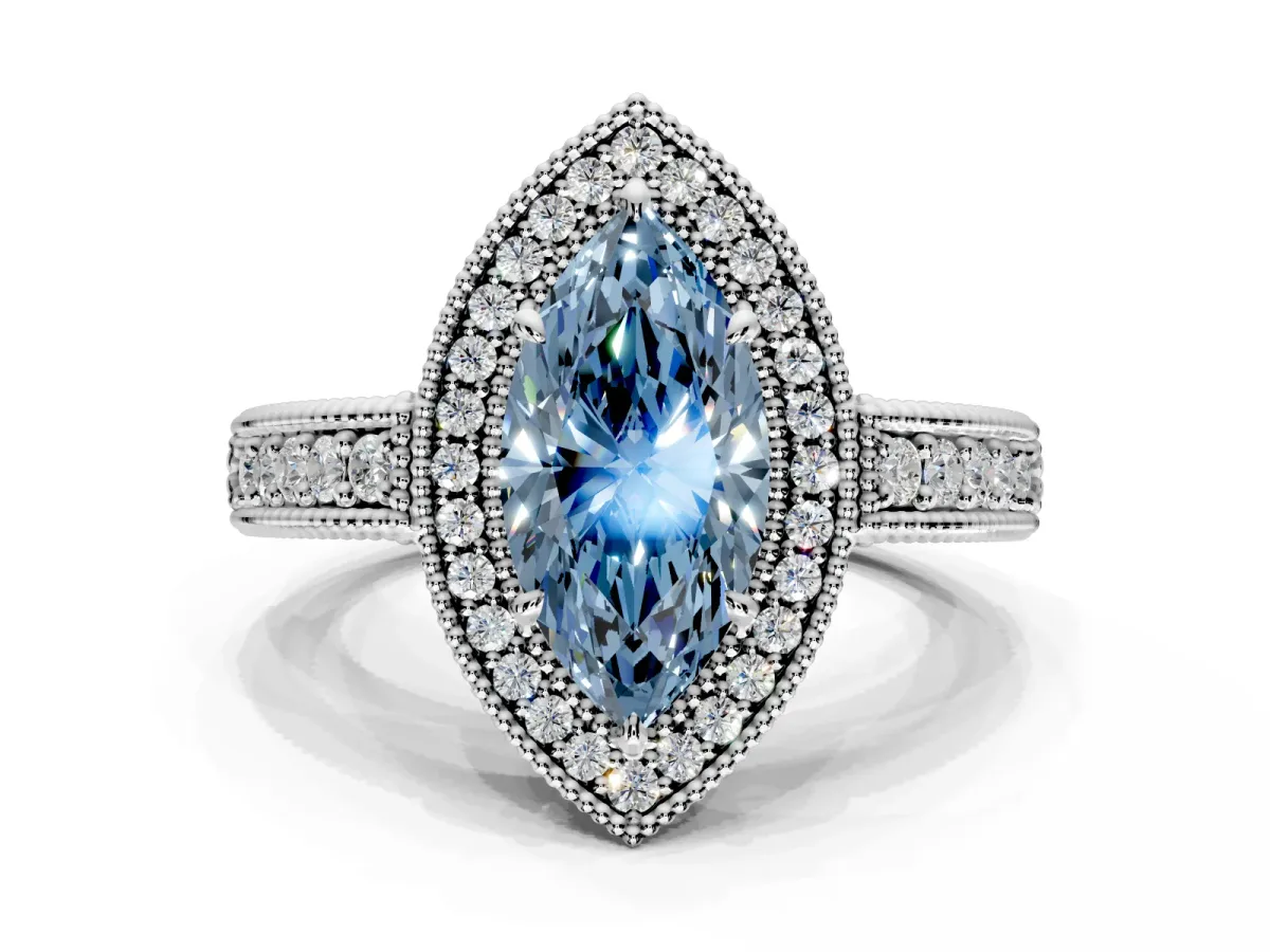 Milgrain Halo Engagement Ring Setting for Fancy Blue Marquise Center with Pave Band and Prong Head in White Gold