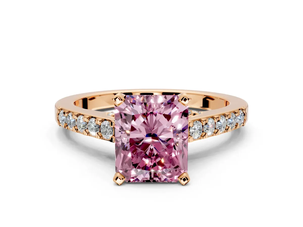 Solitaire Engagement Ring Setting for Fancy Pink Radiant Cut Center with Crossover Accents and Prong Head in Rose Gold