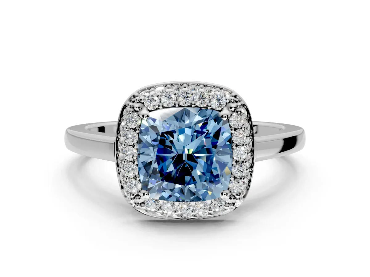 Halo Engagement Ring Setting for Fancy Blue Cushion Cut Center with Plain Tapered Band and Prong Head in Platinum