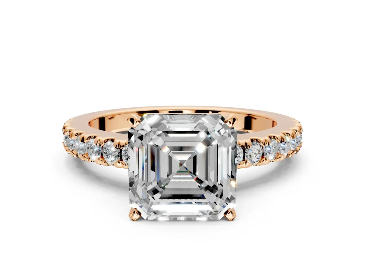 Solitaire Engagement Ring Setting for Asscher Cut Center with Single Row Accent Band and Prong Head in Rose Gold
