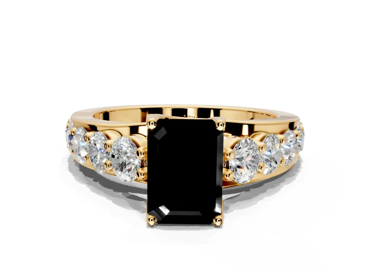 Solitaire Engagement Ring Setting for Fancy Black Emerald Cut Center with Graduated Shared Prongs and Prong Head in Yellow Gold