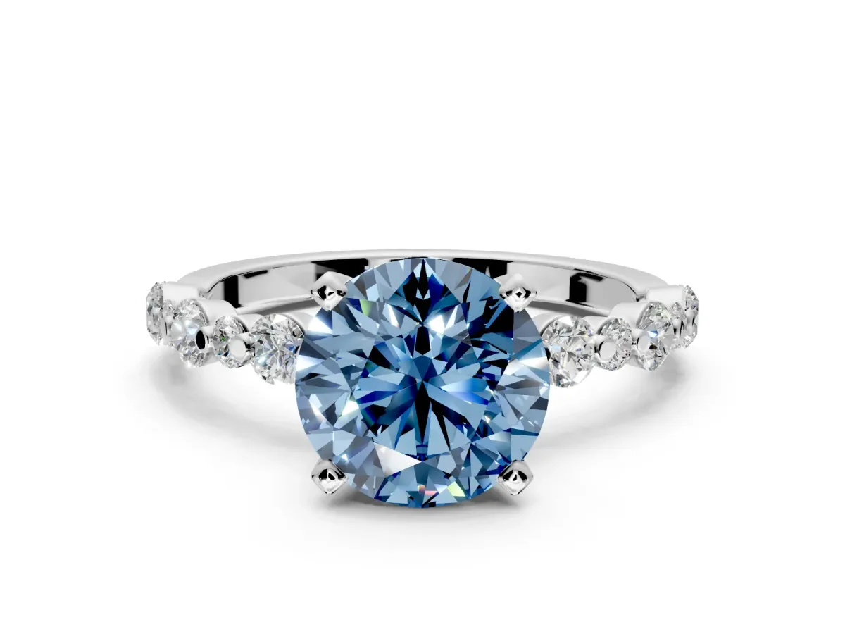 Solitaire Engagement Ring Setting for Fancy Blue Round Cut Center with Alternating Size Accents and Prong Head in Sterling Silver