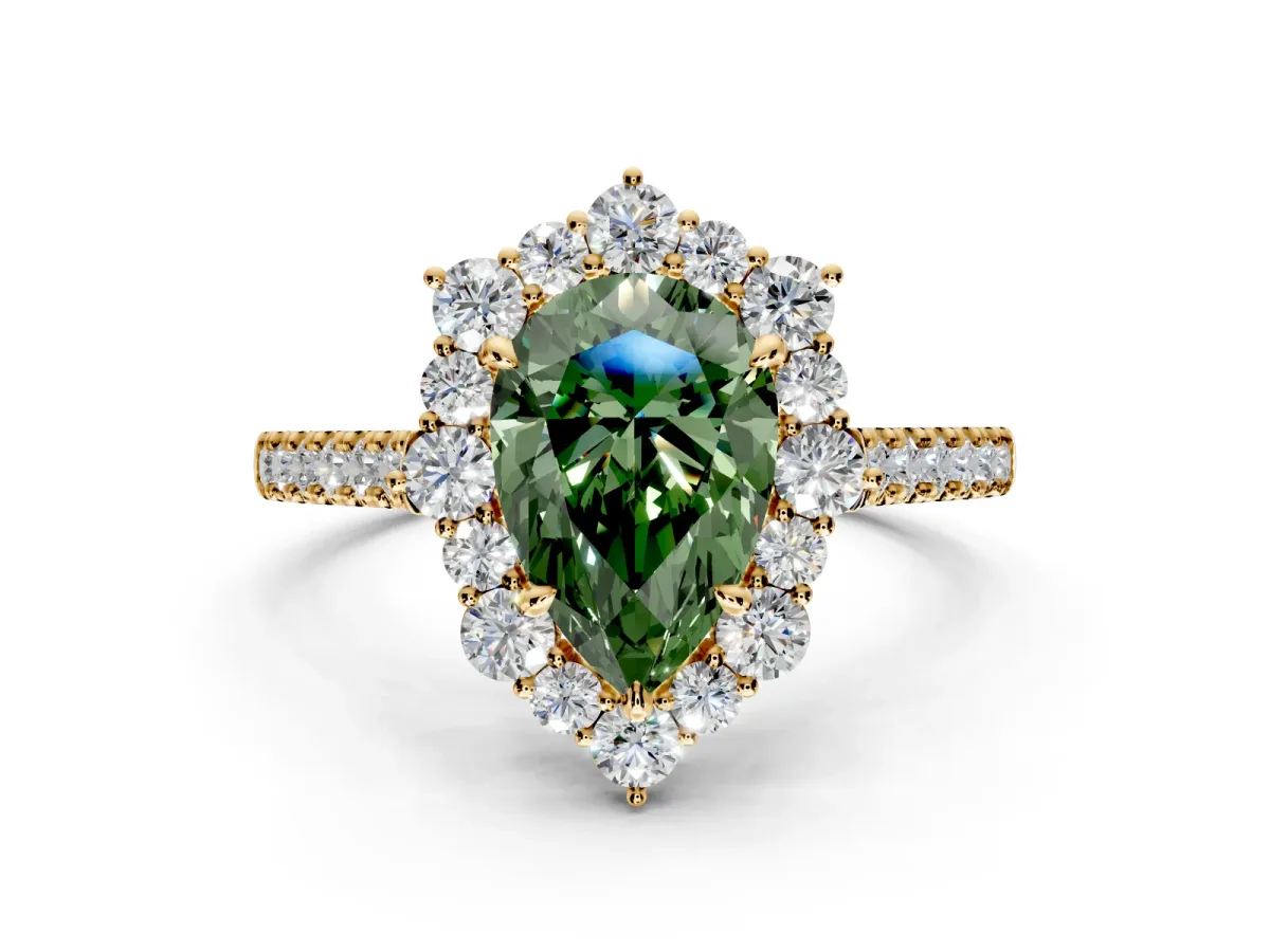Halo Engagement Ring Setting for Fancy Green Pear-Shaped Center with Single-Row Pave, Open Basket and Prong Head in Yellow Gold