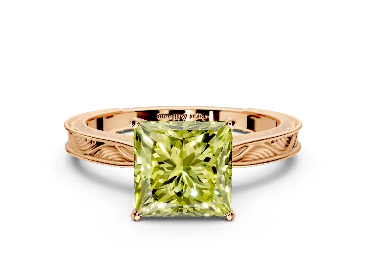 Solitaire Engagement Ring Setting for Fancy Yellow Princess Cut Center with Engraved Milgrain Band and Prong Head in Rose Gold