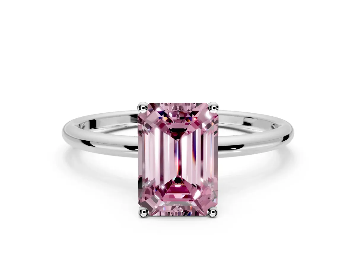 Solitaire Engagement Ring Setting for Fancy Pink Emerald Cut Center with Straight Thin Band and Prong Head in White Gold