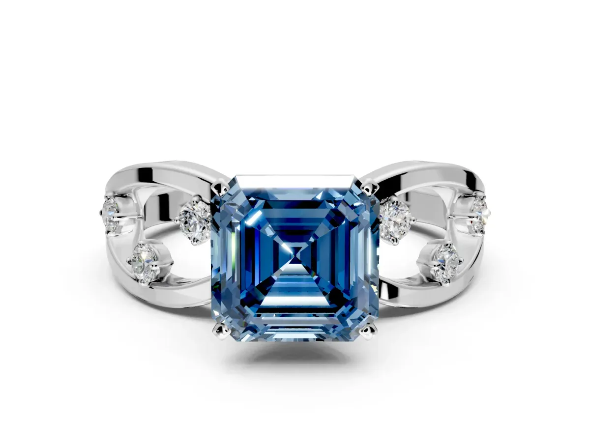 Solitaire Engagement Ring Setting for Fancy Blue Asscher Cut Center with Criss-Cross Accent Band and Prong Head in White Gold