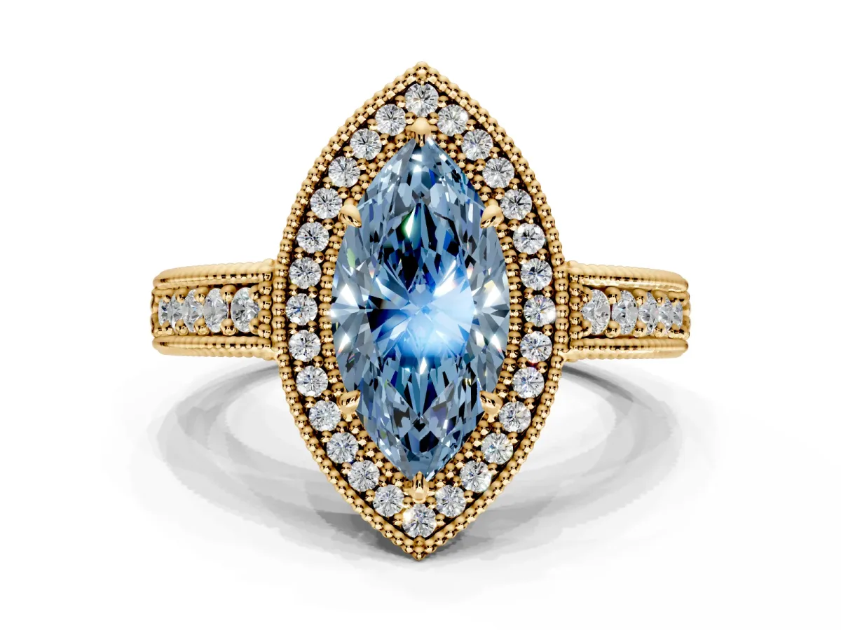 Milgrain Halo Engagement Ring Setting for Fancy Blue Marquise Center with Pave Band and Prong Head in Yellow Gold
