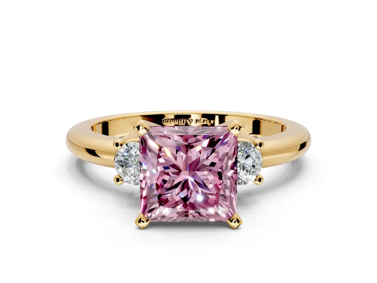 3 Stone Engagement Ring Setting for Fancy Pink Princess Cut Center with Wide Plain Band and Prong Head in Yellow Gold