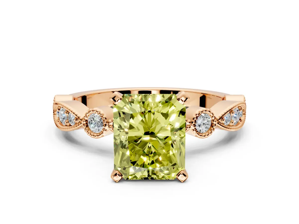 Solitaire Engagement Ring Setting for Fancy Yellow Radiant Cut Center with Milgrain Bezel Accents and Prong Head in Rose Gold