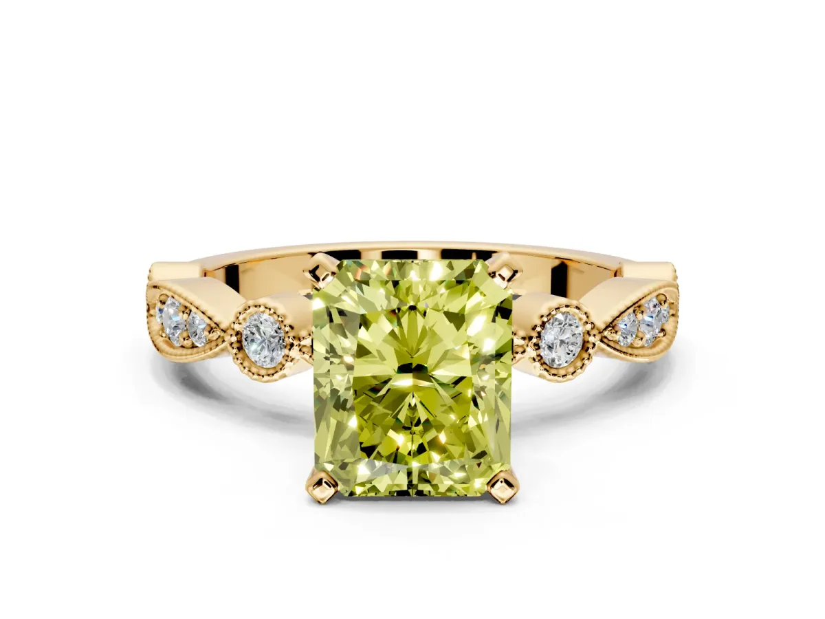 Solitaire Engagement Ring Setting for Fancy Yellow Radiant Cut Center with Milgrain Bezel Accents and Prong Head in Yellow Gold