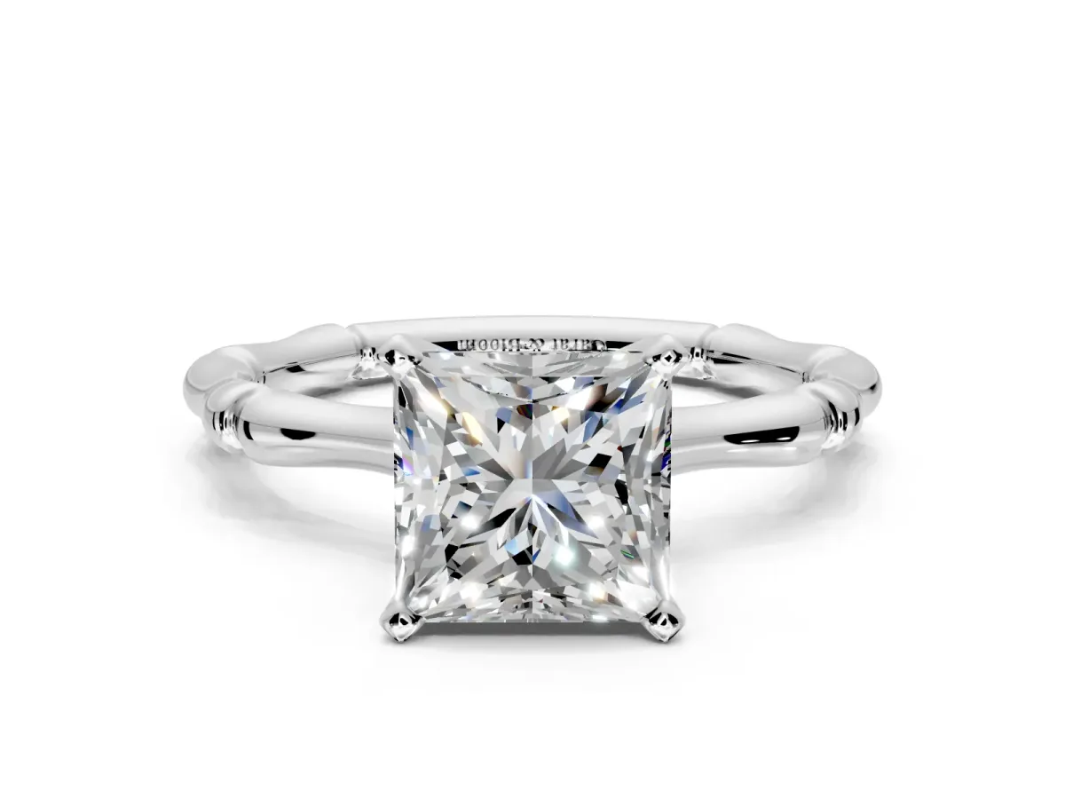 Solitaire Engagement Ring Setting for Princess Cut Center with Bamboo Band and Prong Head in Platinum