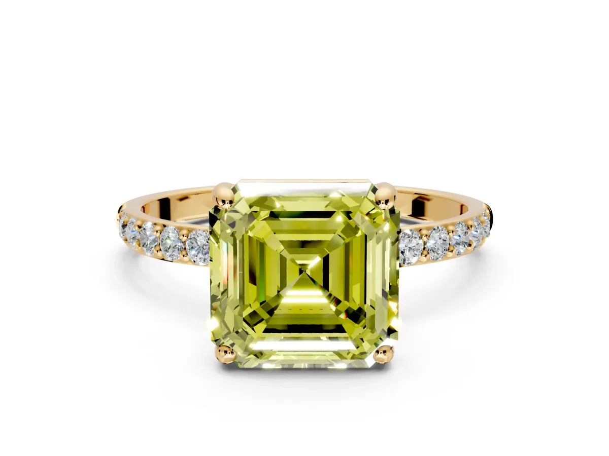 Solitaire Engagement Ring Setting for Fancy Yellow Asscher Cut Center with Pave Accents and Prong Head in Yellow Gold