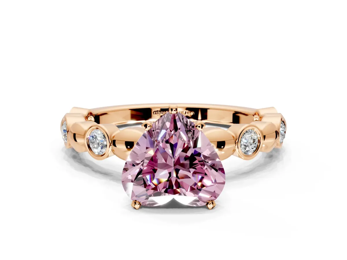 Solitaire Engagement Ring Setting for Fancy Pink Heart-Shaped Center with Beaded Bezel Station Band and Prong Head in Rose Gold
