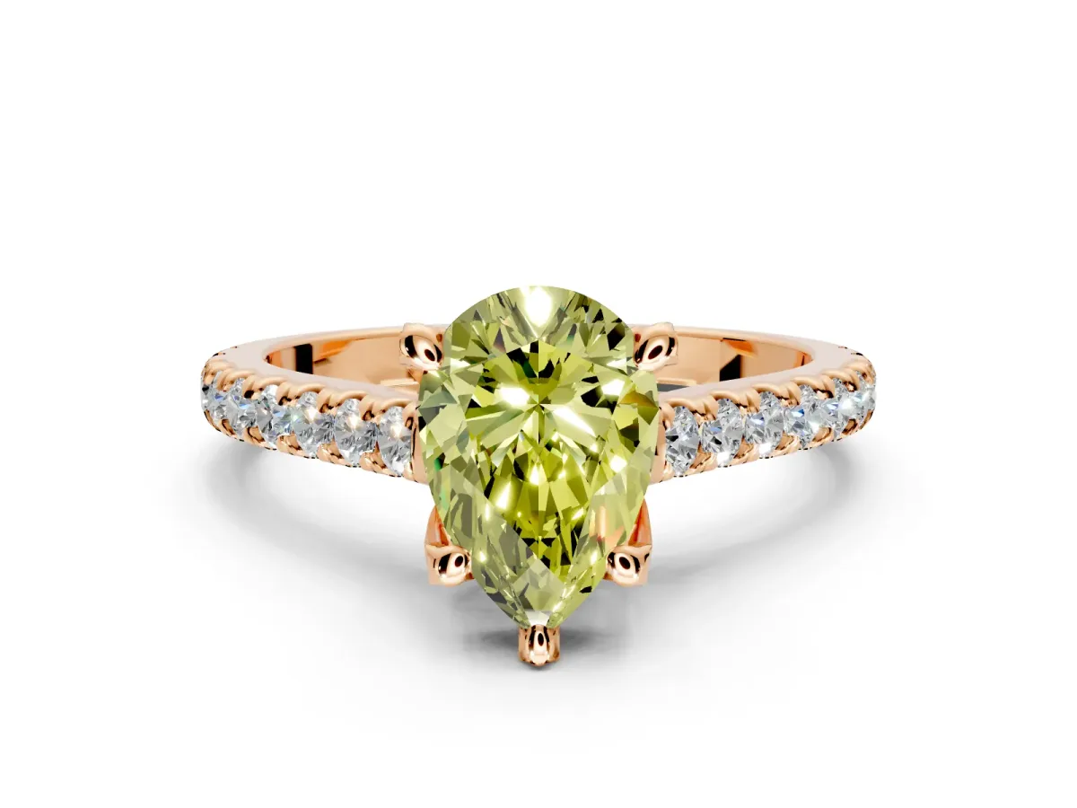 Solitaire Engagement Ring Setting for Fancy Yellow Pear-Shaped Center with Widening Pave Band and Claw Prong Head in Rose Gold