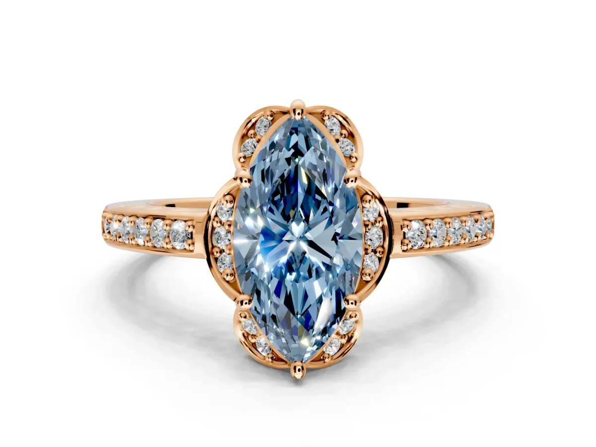Floral Engagement Ring Setting for Fancy Blue Marquise Center with Four Accent Clusters and Prong Head in Rose Gold