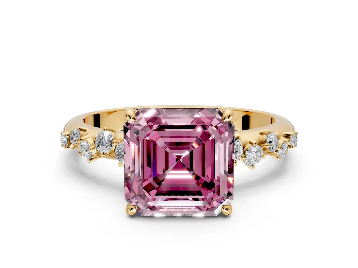 Cluster Engagement Ring Setting for Fancy Pink Asscher Cut Center with Round Cut Accent Band and Prong Head in Yellow Gold