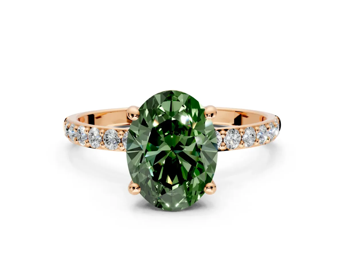 Solitaire Engagement Ring Setting for Fancy Green Oval Center with Pave Accents and Prong Head in Rose Gold