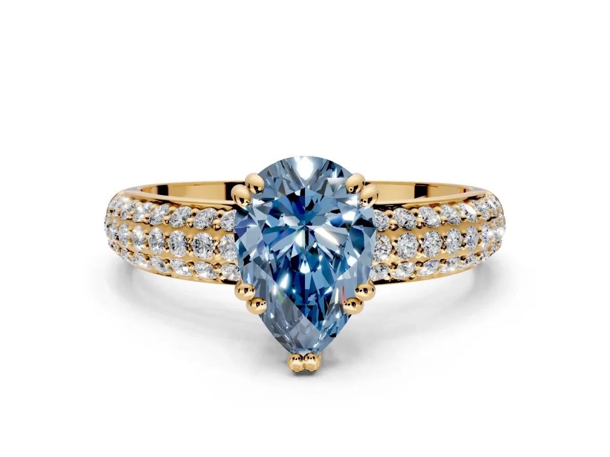 Solitaire Engagement Ring Setting for Fancy Blue Pear-Shaped Center with Multi-Row Pave Accents and Basket Head in Yellow Gold
