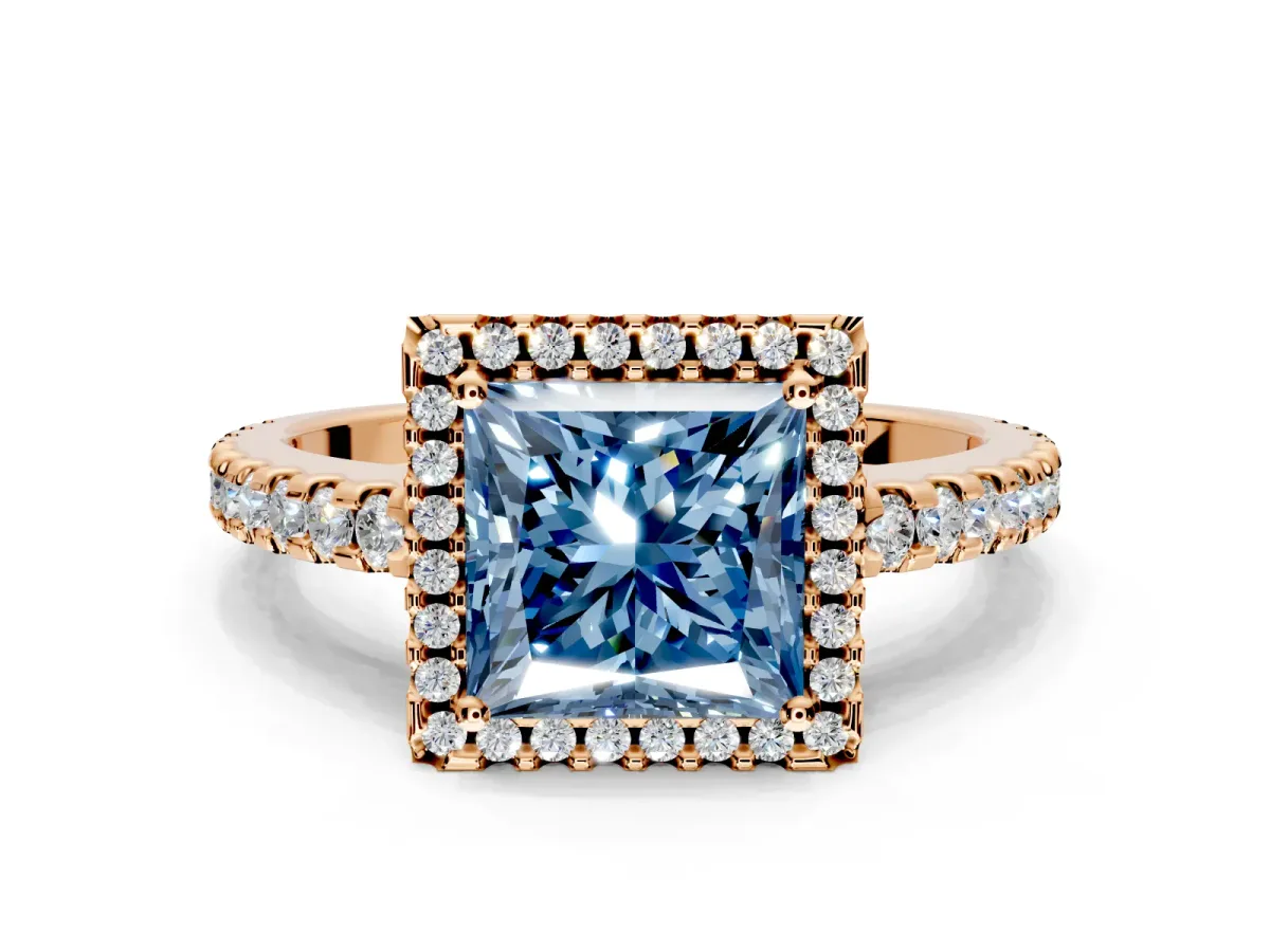 Accent Halo Engagement Ring Setting for Fancy Blue Princess Cut Center with Full-Length Pave Band and Prong Head in Rose Gold
