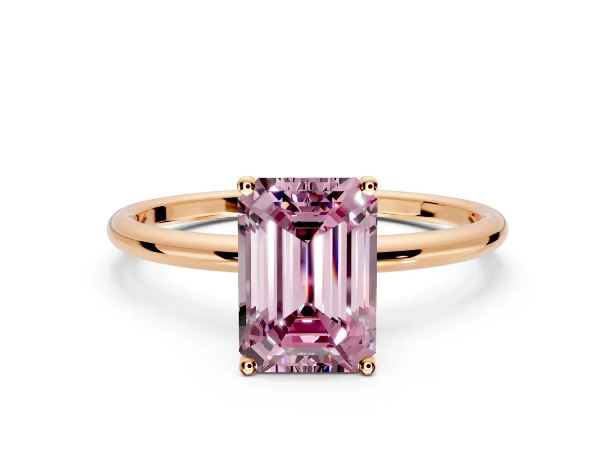 Solitaire Engagement Ring Setting for Fancy Pink Emerald Cut Center with Straight Thin Band and Prong Head in Rose Gold