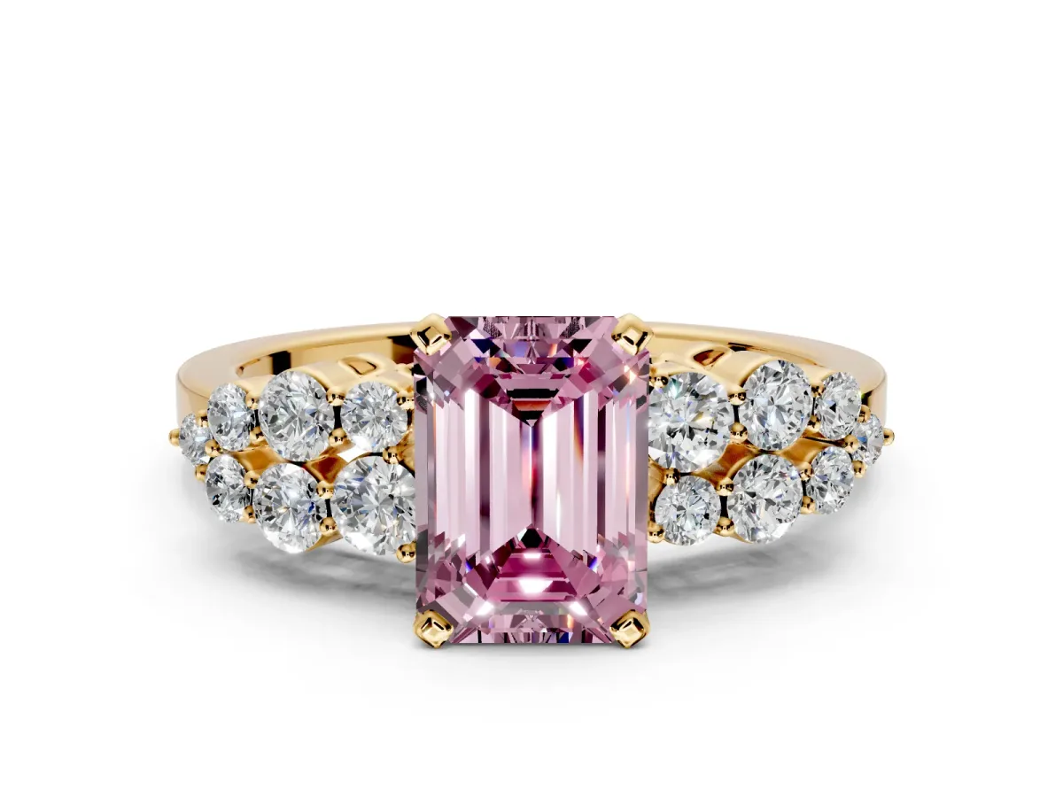 Cluster Engagement Ring Setting for Fancy Pink Emerald Cut Center with 2-Row Shoulder Clusters and Prong Head in Yellow Gold