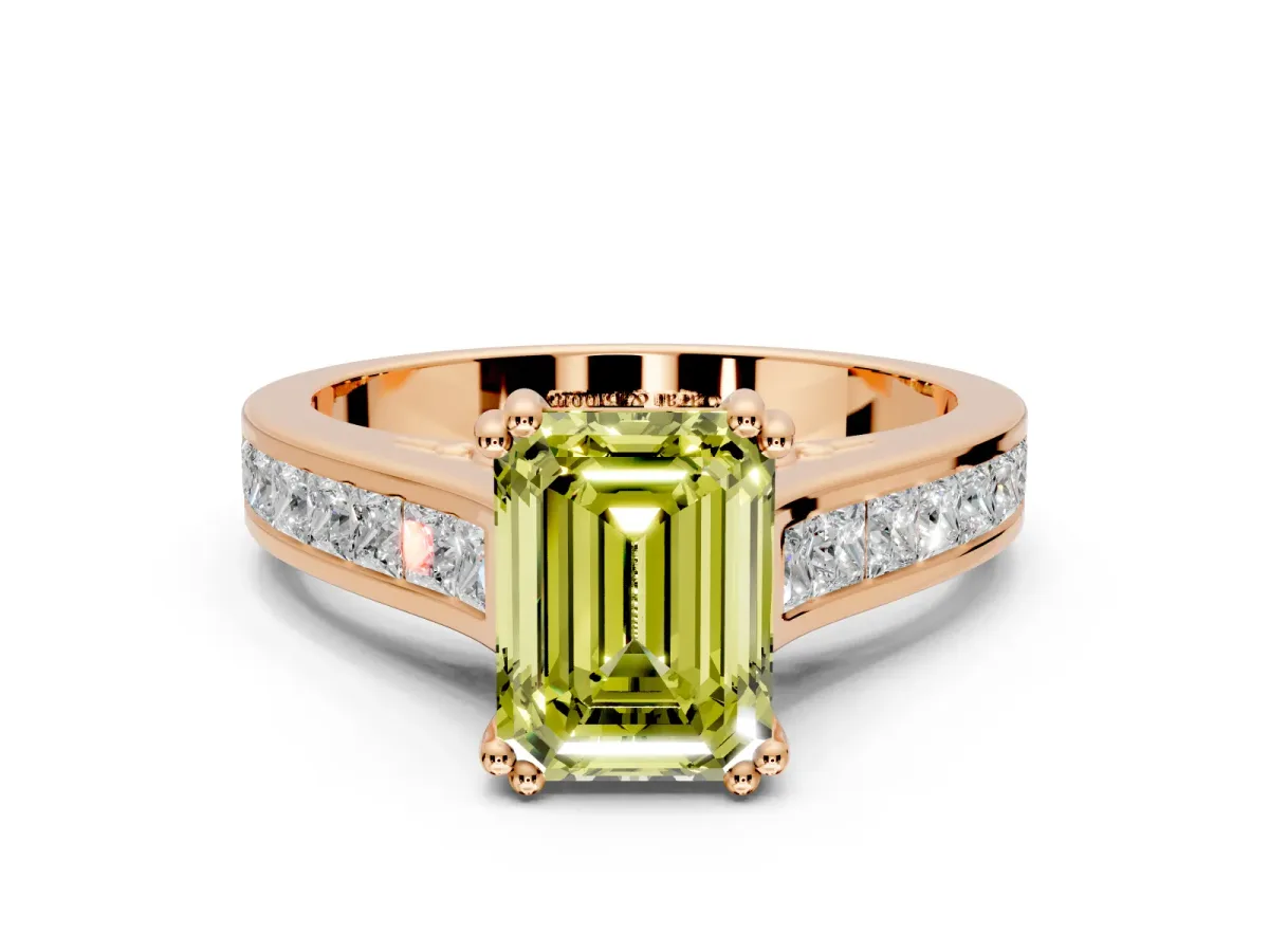 Solitaire Engagement Ring Setting for Fancy Yellow Emerald Cut Center with Channel Band and Double Claw Prong Head in Rose Gold
