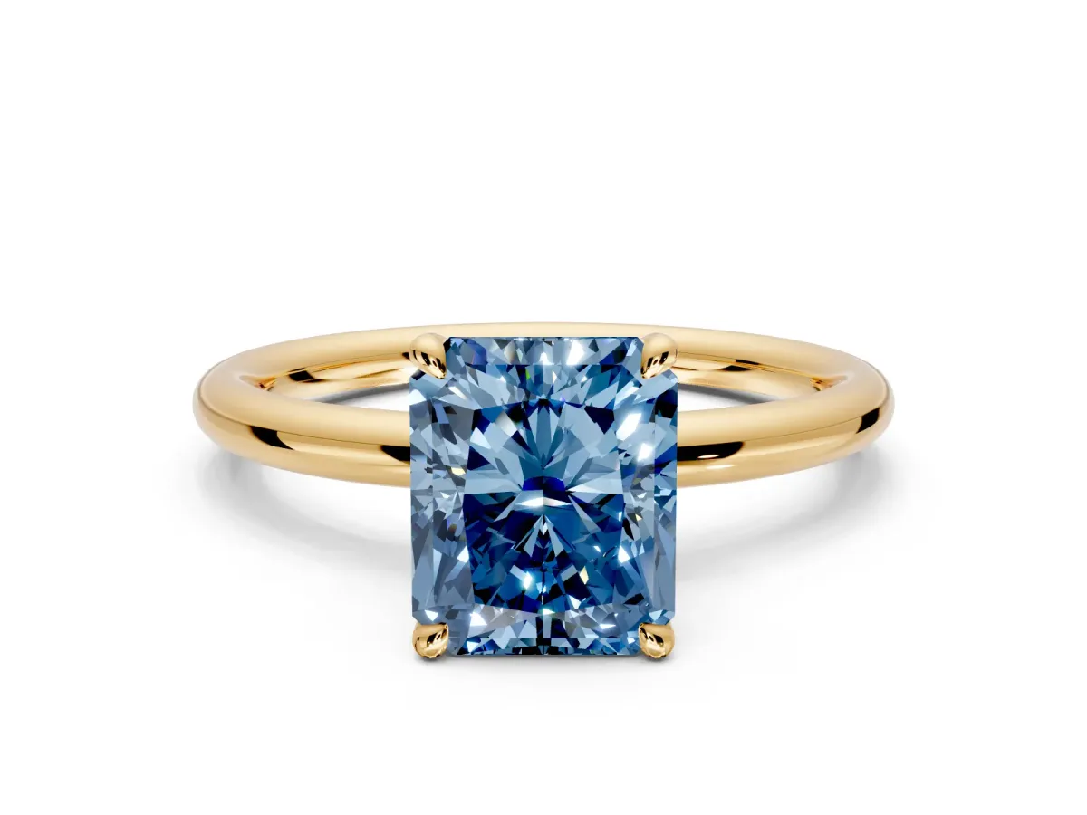 Hidden Halo Engagement Ring Setting for Fancy Blue Radiant Cut Center with Thin Rounded Band and Prong Head in Yellow Gold