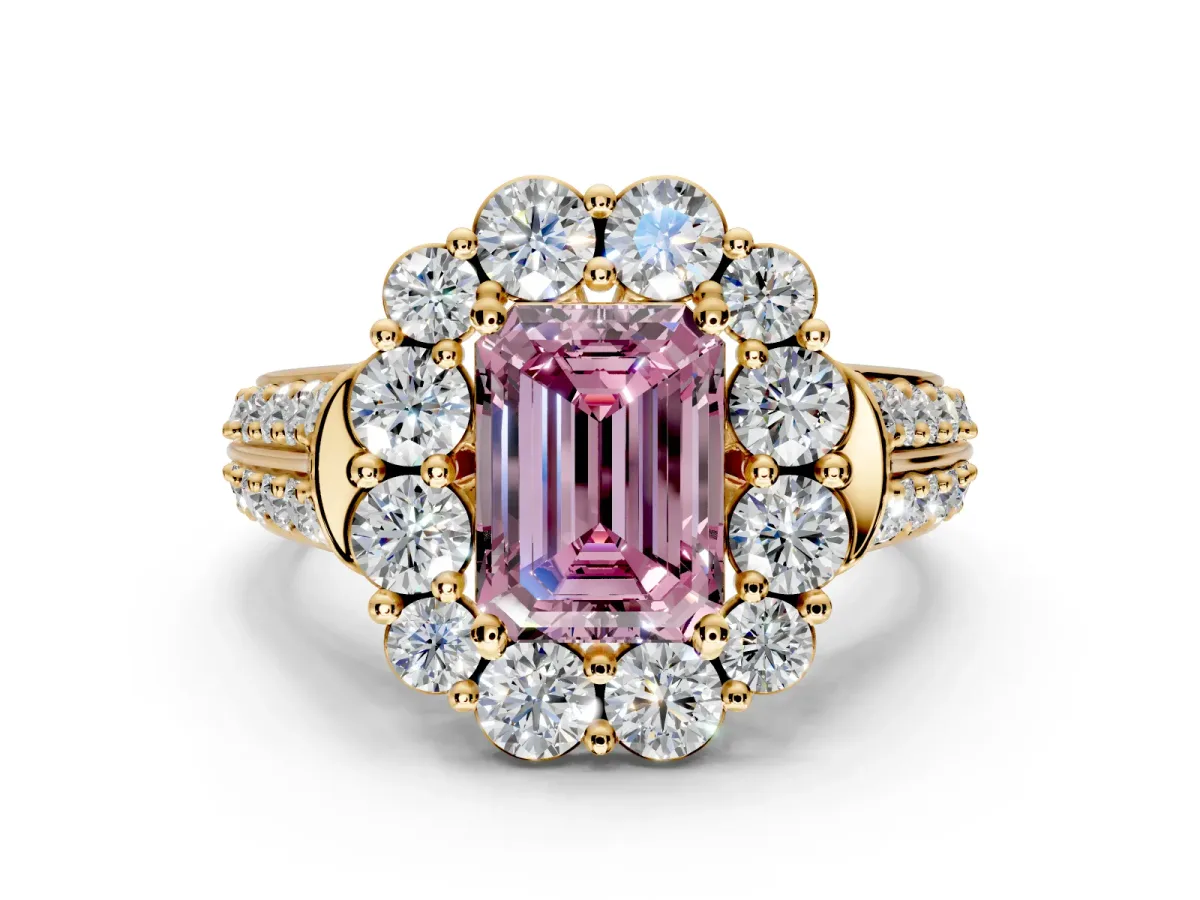 Large Accent Halo Engagement Ring Setting for Fancy Pink Emerald Cut Center with Pave Split Shank and Prong Head in Yellow Gold