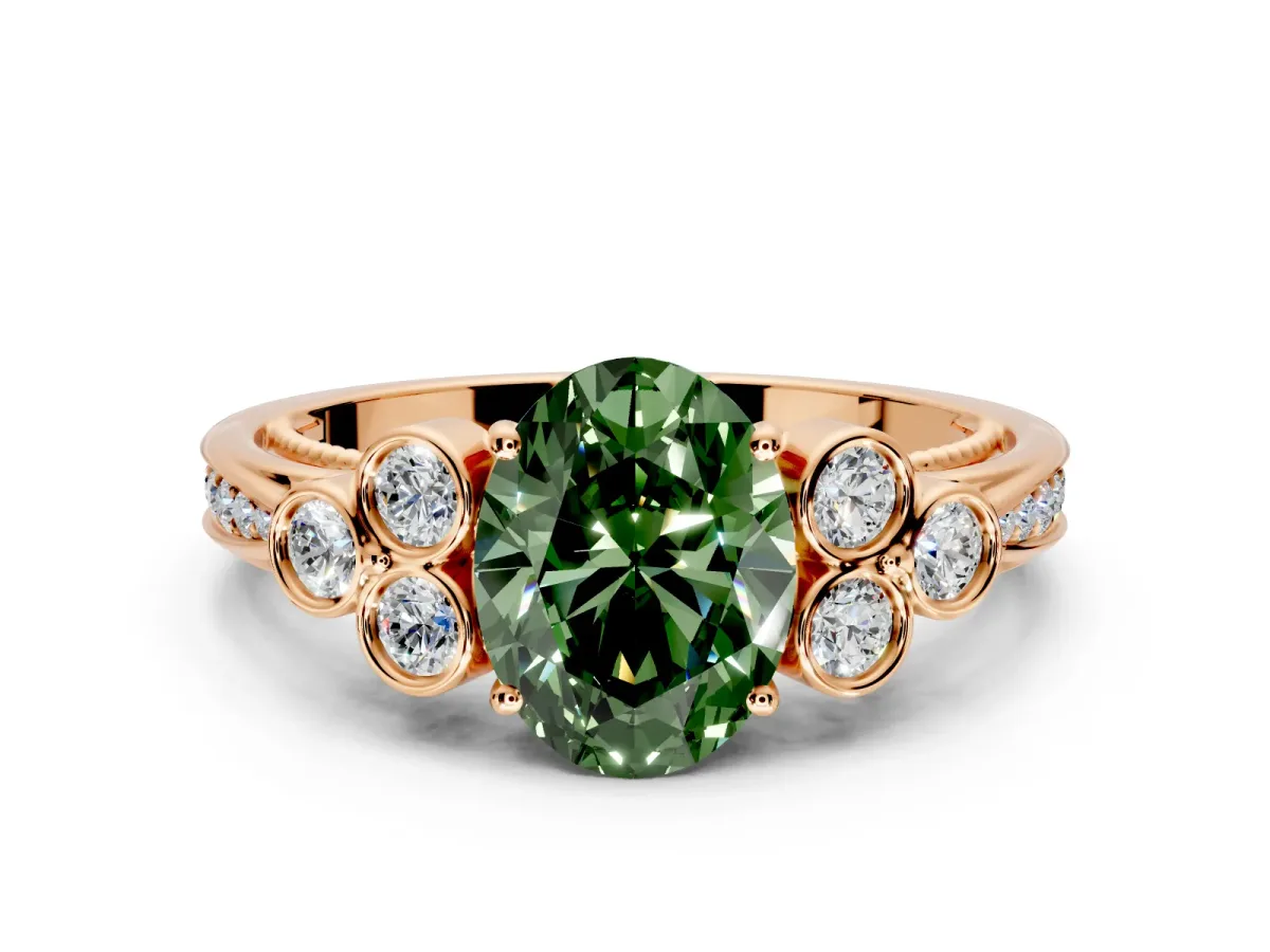 Cluster Engagement Ring Setting for Fancy Green Oval Center with Bezel Accent Clusters and Prong Head in Rose Gold