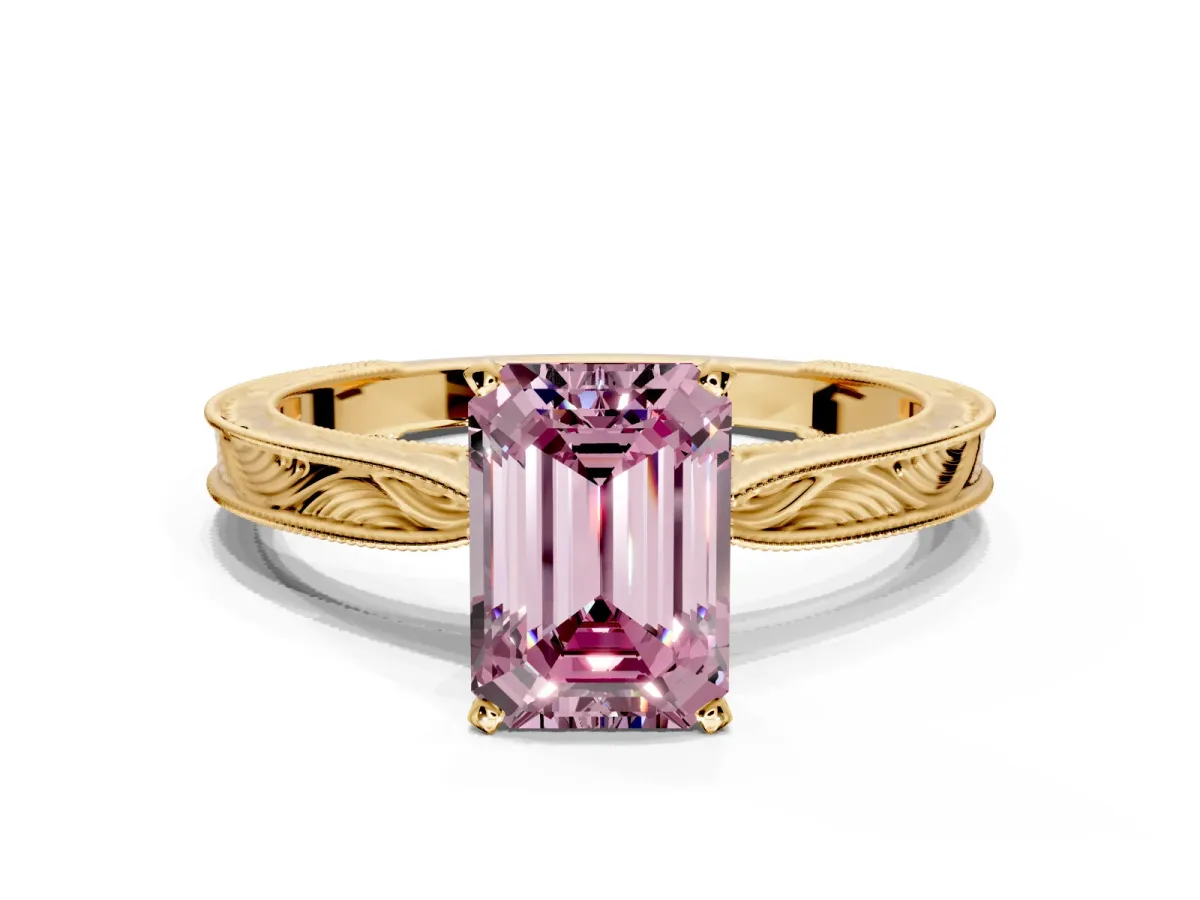 Solitaire Engagement Ring Setting for Fancy Pink Emerald Cut Center with Engraved Milgrain Band and Prong Head in Yellow Gold
