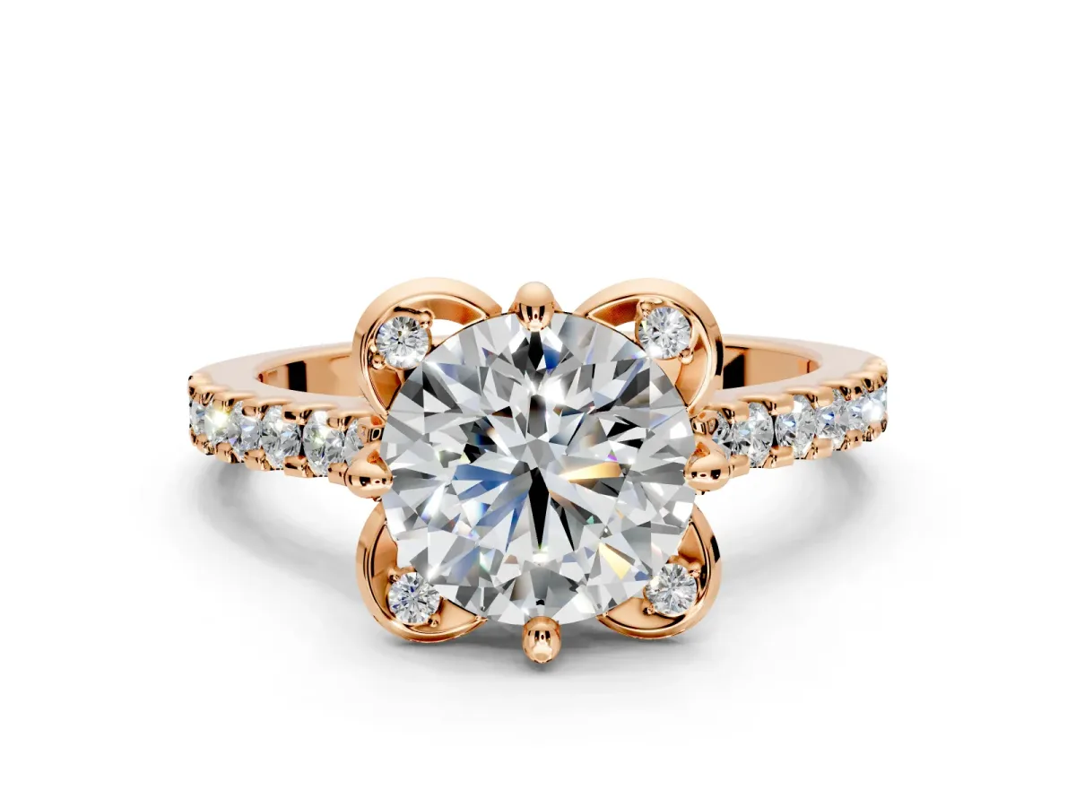 Floral Engagement Ring Setting for Round Cut Center with Pave Band and Floral Prong Head in Rose Gold