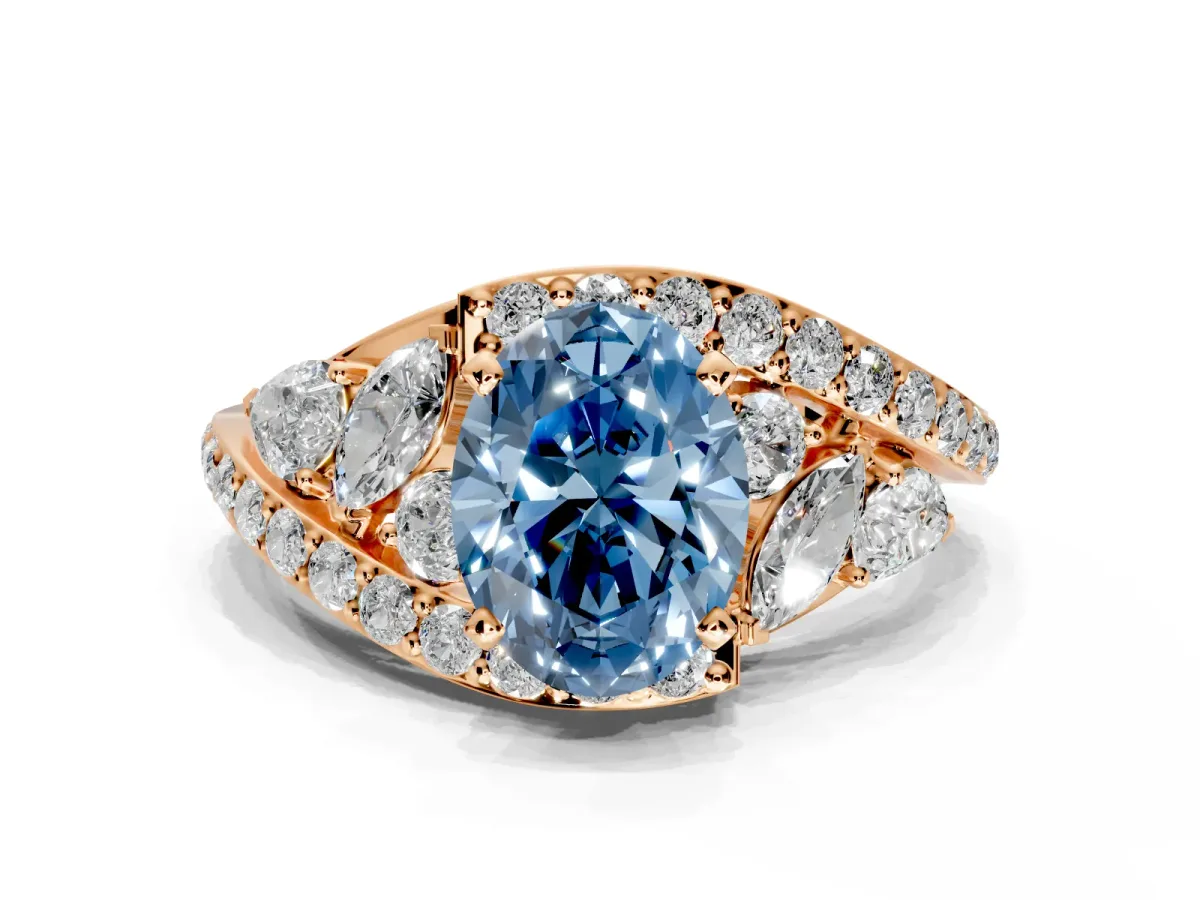 Halo Engagement Ring Setting for Fancy Blue Oval Center with Marquise and Pave Bypass Band and Prong Head in Rose Gold