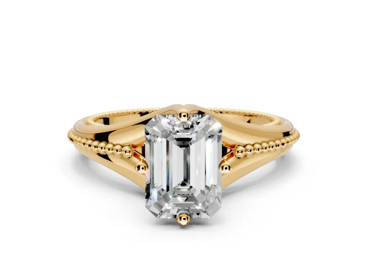 Solitaire Engagement Ring Setting for Emerald Cut Center with Milgrain Cathedral Band and Prong Head in Yellow Gold