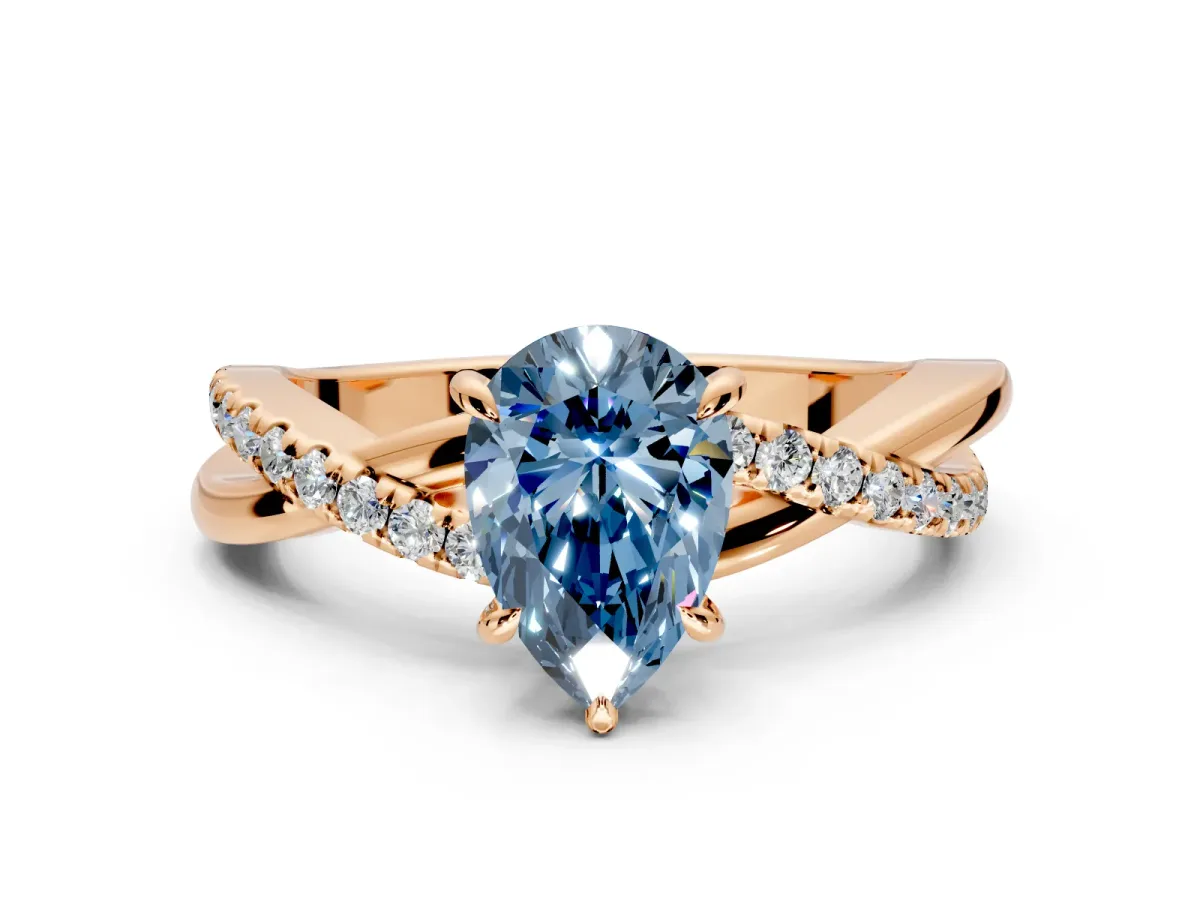 Crossover Engagement Ring Setting for Fancy Blue Pear-Shaped Center with Pave and Plain Strands and Prong Head in Rose Gold