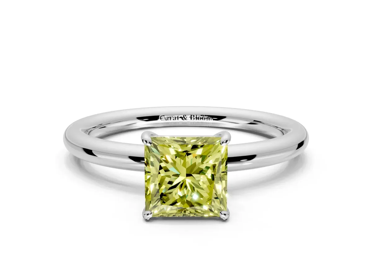 Low-Set Solitaire Engagement Ring Setting for Fancy Yellow Princess Cut Center with Thin Plain Band and Prong Head in Platinum