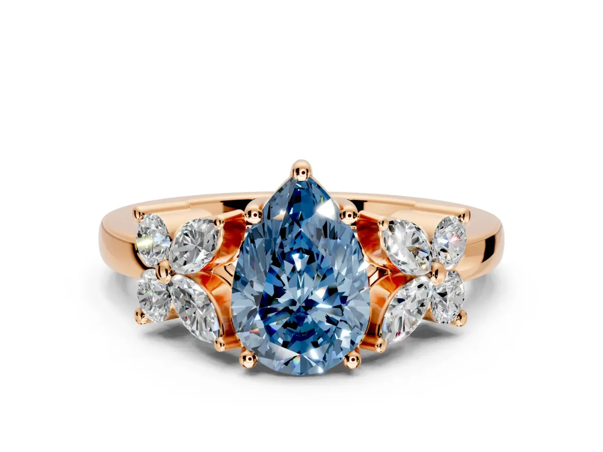 Floral Engagement Ring Setting for Fancy Blue Pear-Shaped Center with Marquise Cluster Shoulders and Prong Head in Rose Gold