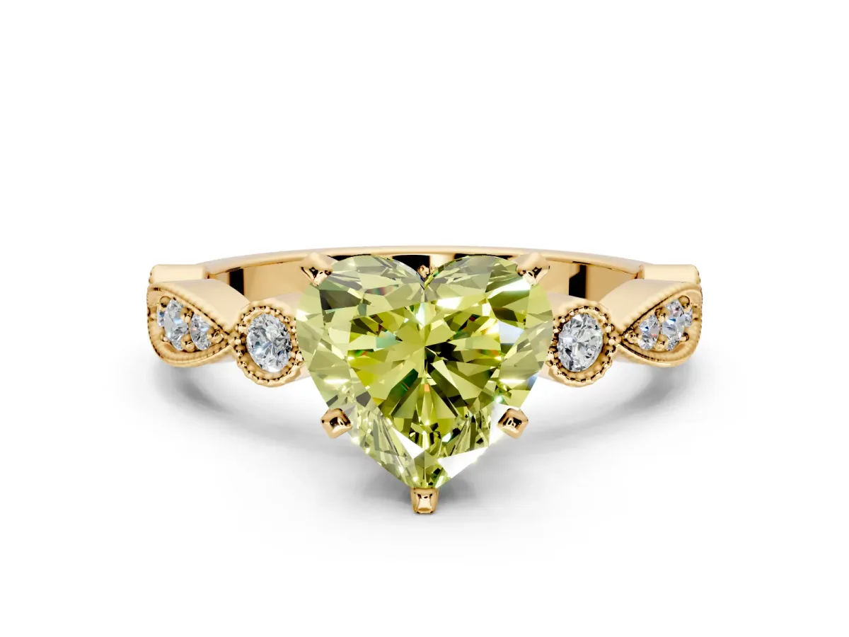 Solitaire Engagement Ring Setting for Fancy Yellow Heart-Shaped Center with Milgrain Bezel Accents and Prong Head in Yellow Gold