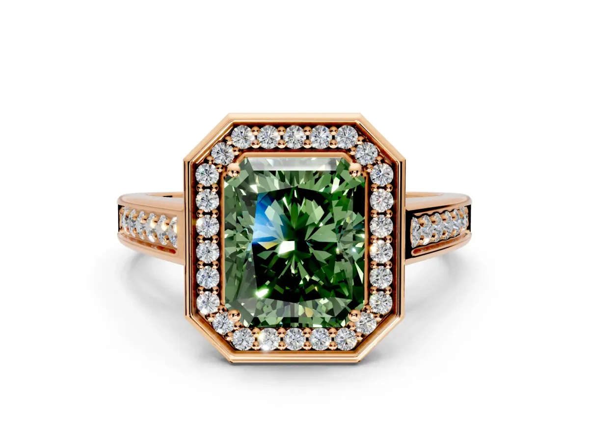 Halo Engagement Ring Setting for Fancy Green Emerald Cut Center with Outer Bezel Rim, Pave Band and Prong Head in Rose Gold